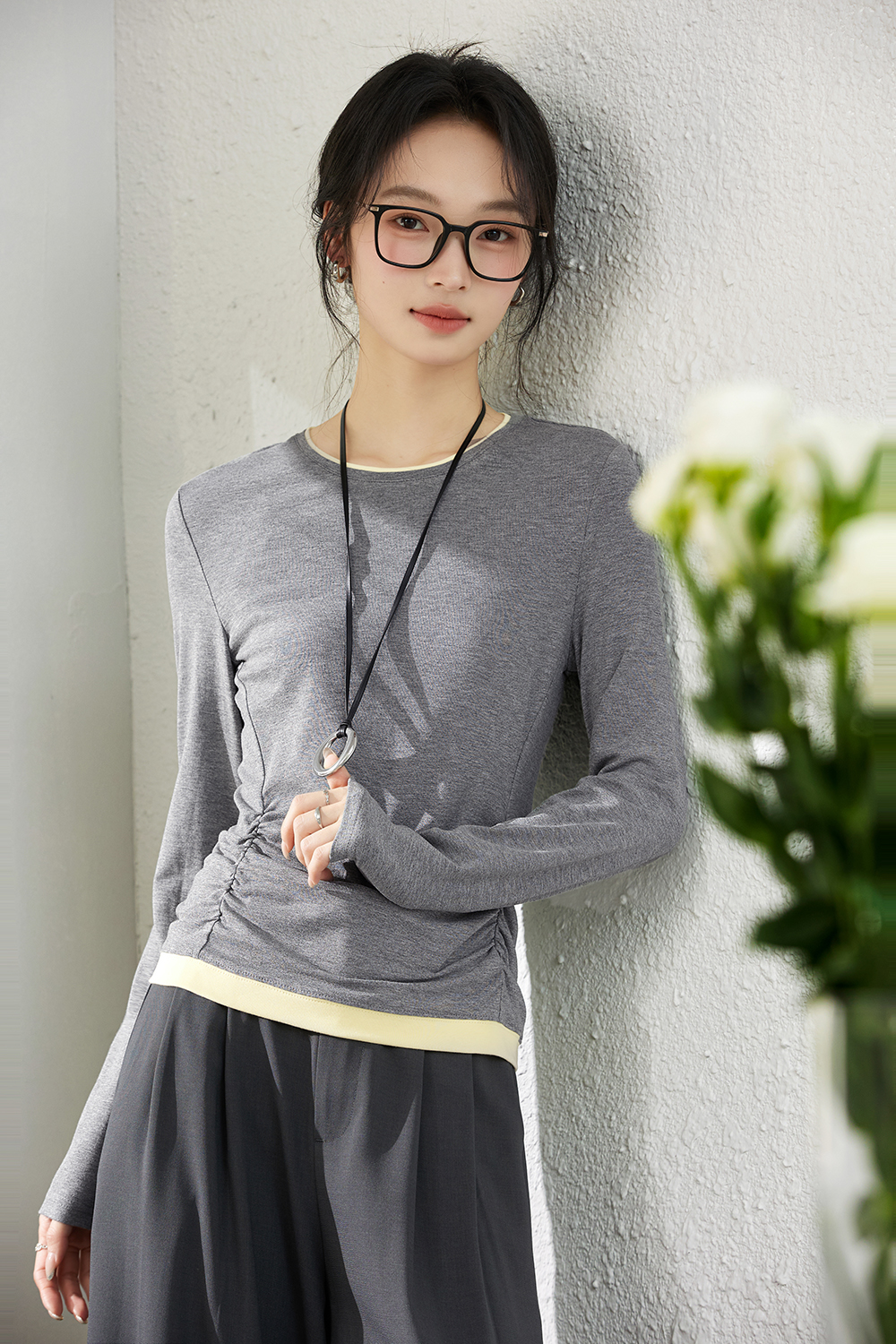 Fake Two-Piece Waist-Tying Long Sleeve T-Shirt-VIMLYSTORE