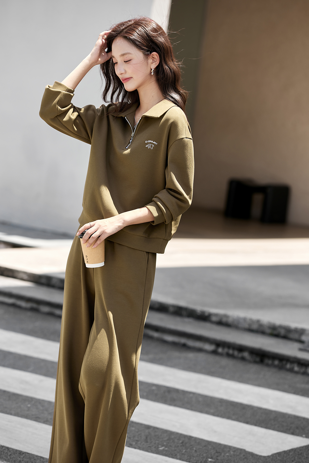 Little Elephant Embroidered Lapel Sweatshirt Wide-Leg Pants Set-VIMLYSTORE