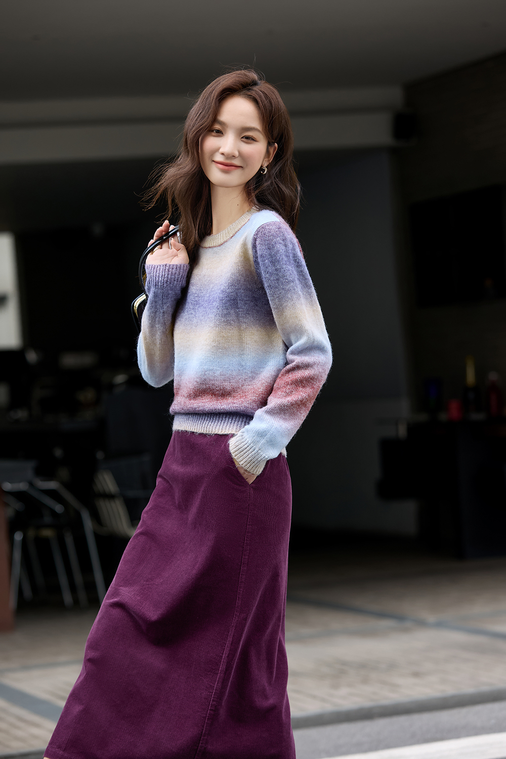 Gradient Color Round Neck Sweater Skirt Set-VIMLYSTORE