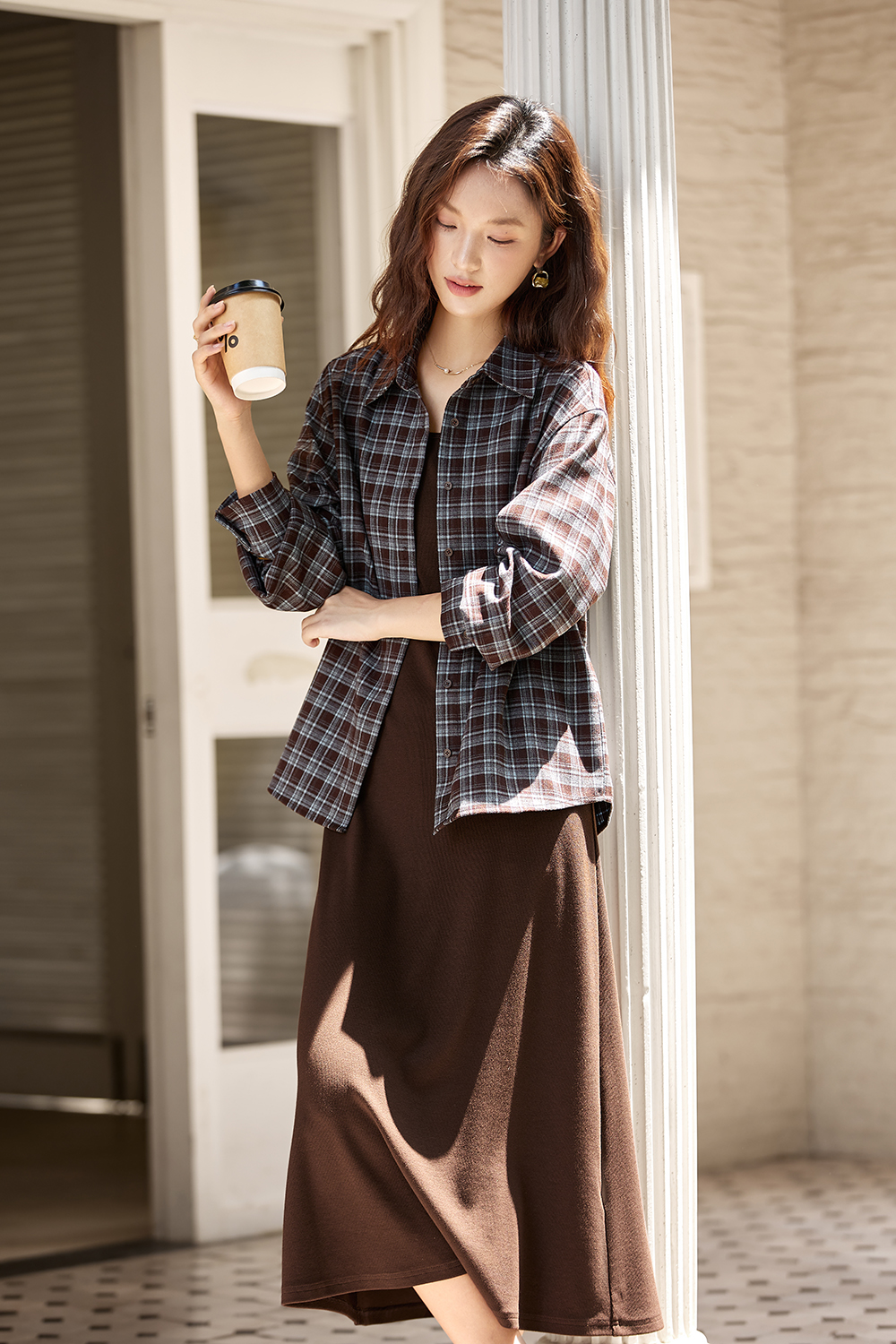 Plaid Shirt Slip Long Dress Set-VIMLYSTORE