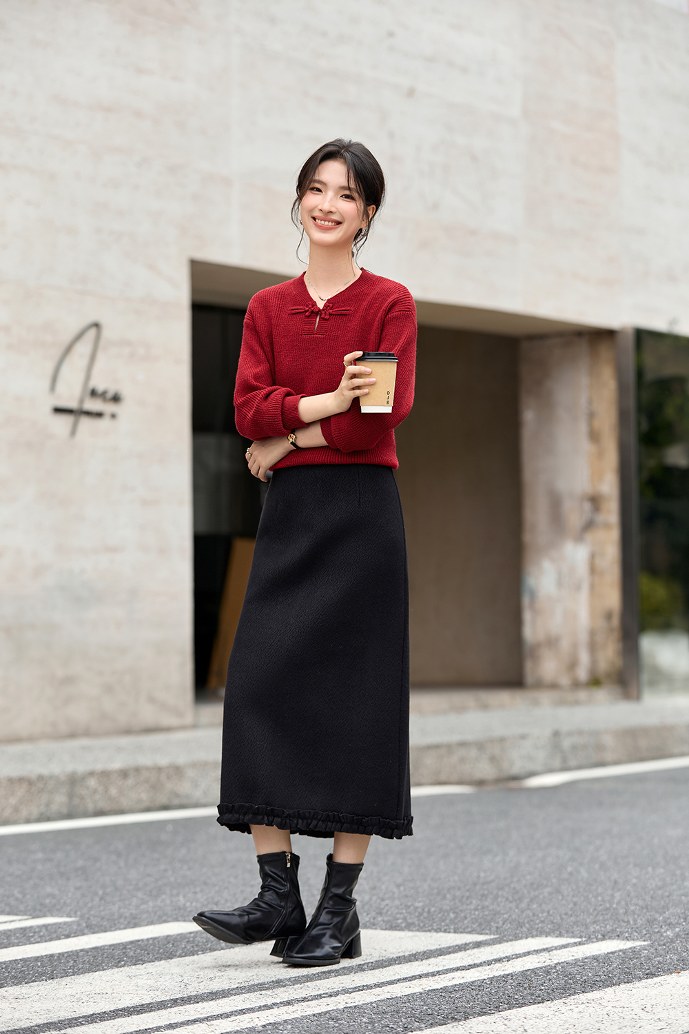 Textured Ruffle Trim Long Skirt-VIMLYSTORE