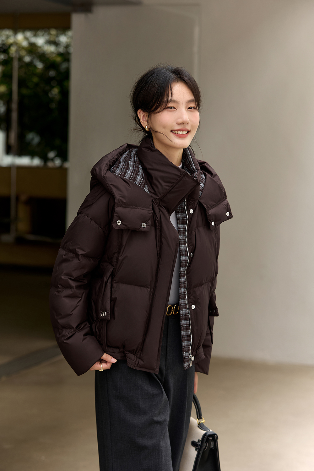 Patchwork Plaid Stand Collar Warm Short Hooded Down Jacket-VIMLYSTORE