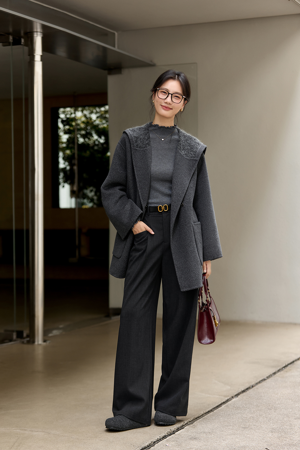 Sailor Collar Double-Faced Wool Loose Tie Wool Coat-VIMLYSTORE