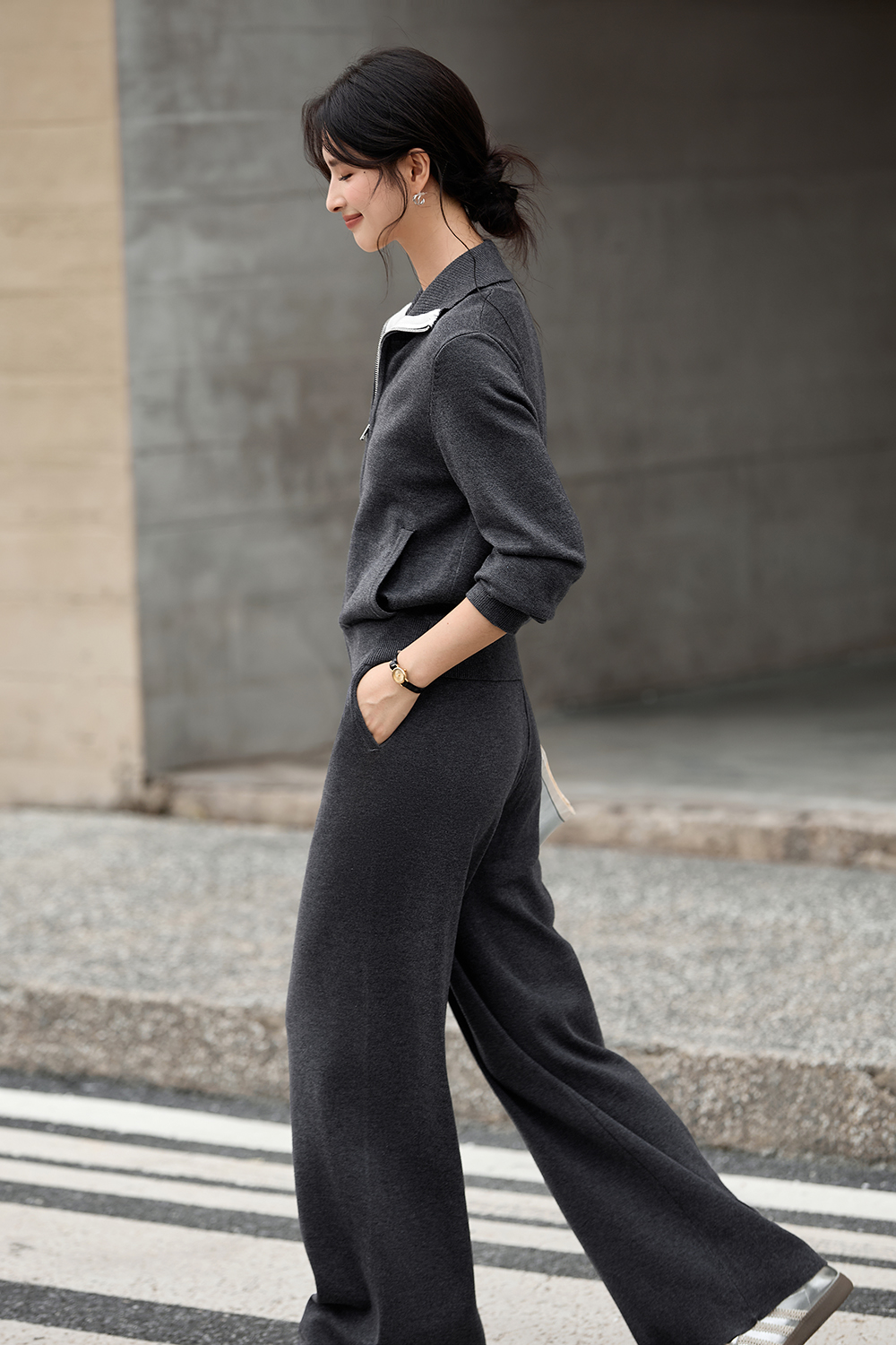 Color Block Zipper Lapel Knit Set-VIMLYSTORE