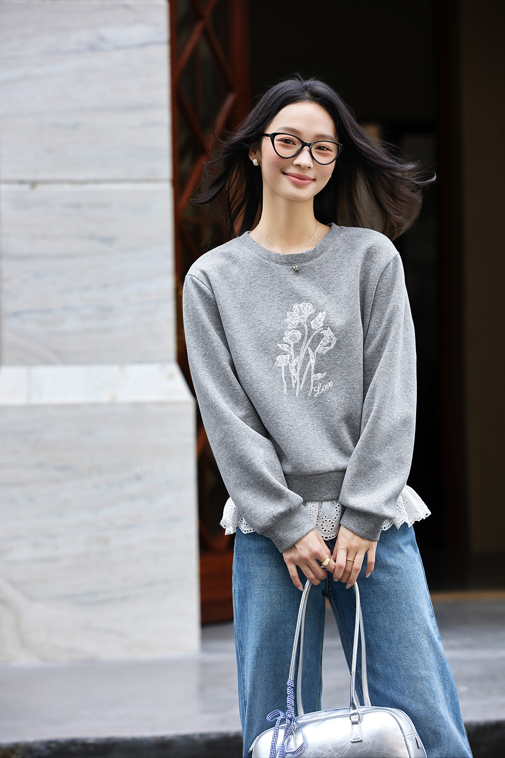 Lace Trim Fake Two-Piece Round Neck Sweatshirt-VIMLYSTORE