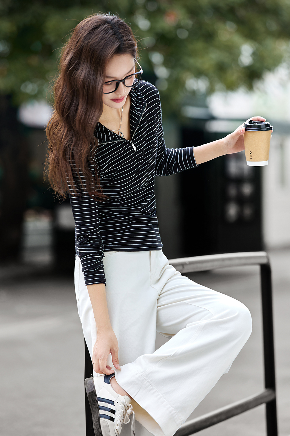 Striped Long Sleeve Hooded Slimming Zipper T-Shirt-VIMLYSTORE