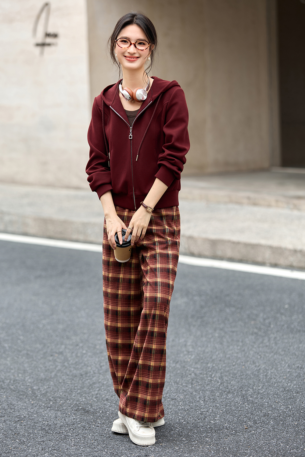 Hooded Zipper Jacket Plaid Pants Set-VIMLYSTORE