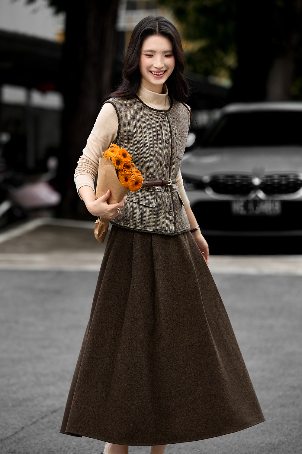 Round Neck Vest A-Line Long Skirt Set-VIMLYSTORE