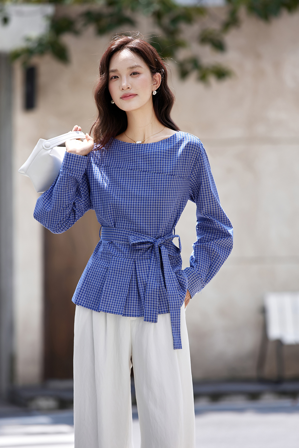 Boat Neck Plaid Waist Tie Slimming Long Sleeve Shirt-VIMLYSTORE