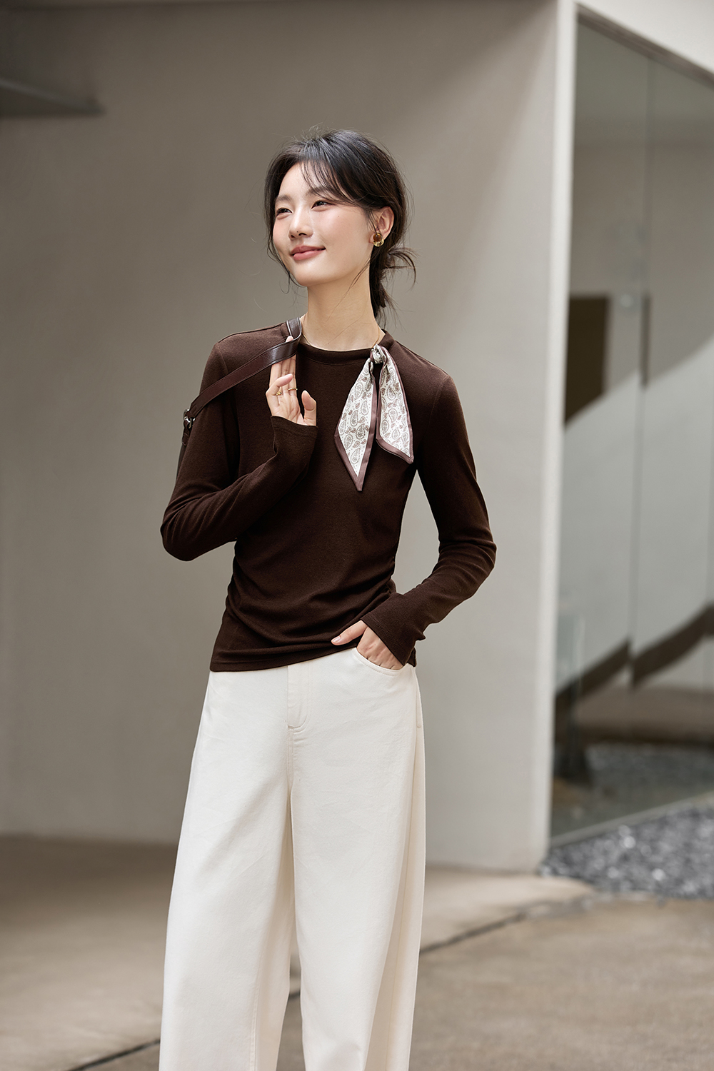 Scarf Decoration Round Neck Long Sleeve Knit T-Shirt-VIMLYSTORE