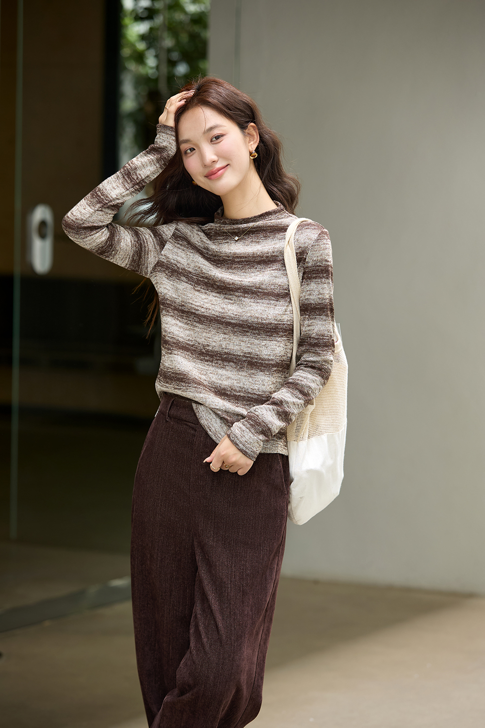 Slimming Mock Neck Stripe Knit Long Sleeve T-Shirt-VIMLYSTORE