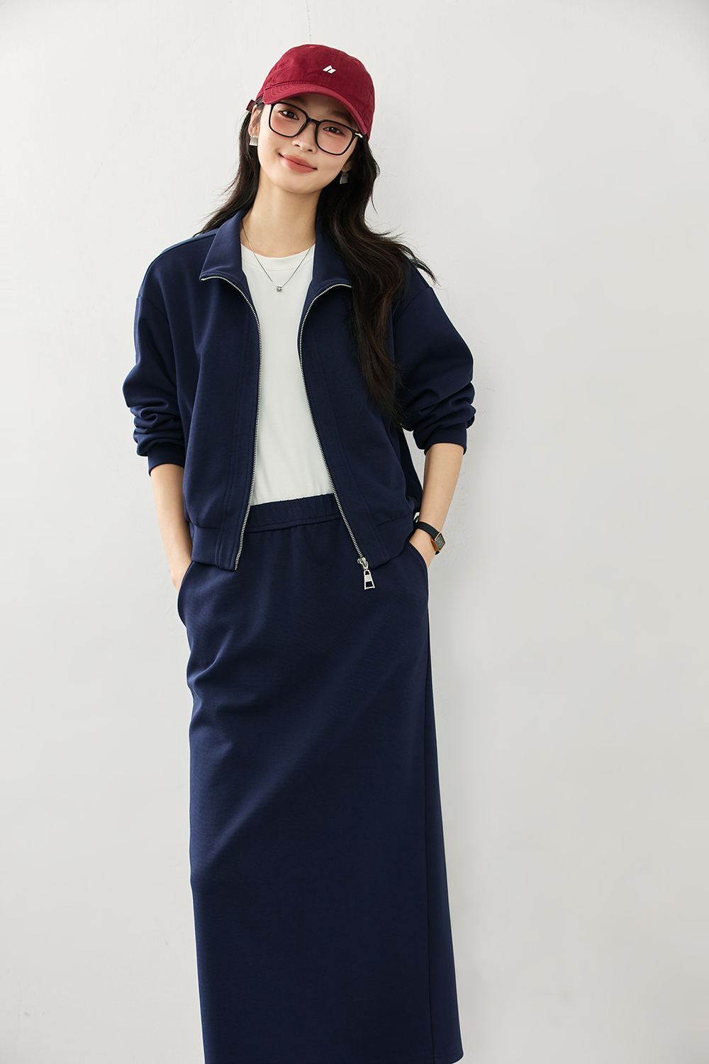 Navy blue cardigan sweater coat and skirt-VIMLYSTORE