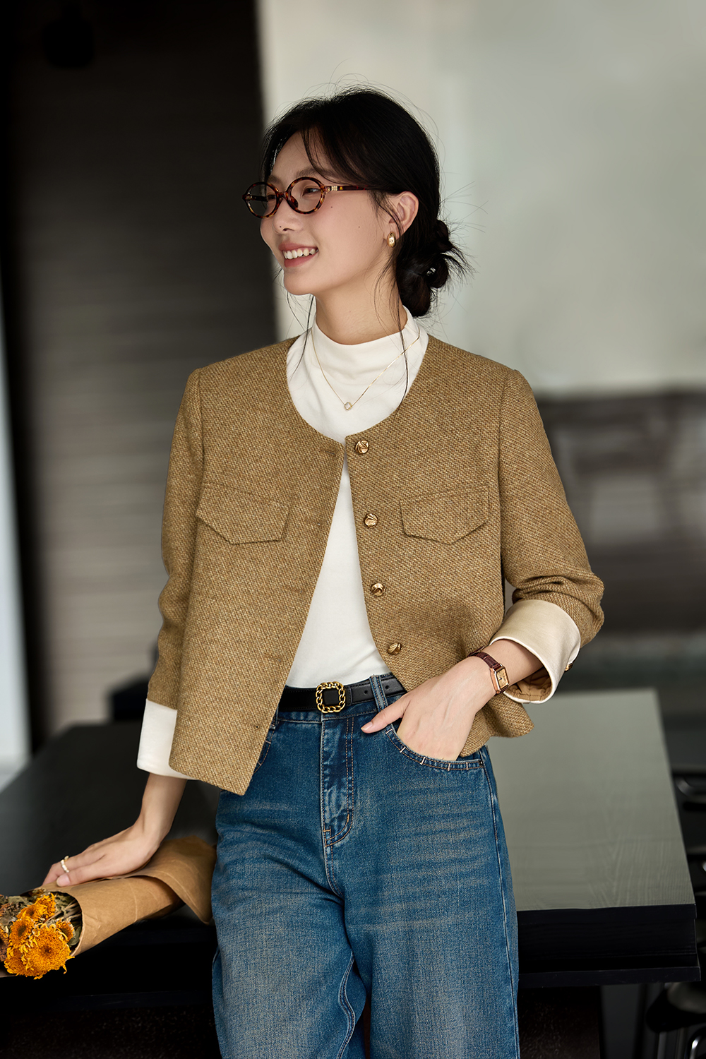 Brown Round Neck Woolen Versatile Coat-VIMLYSTORE