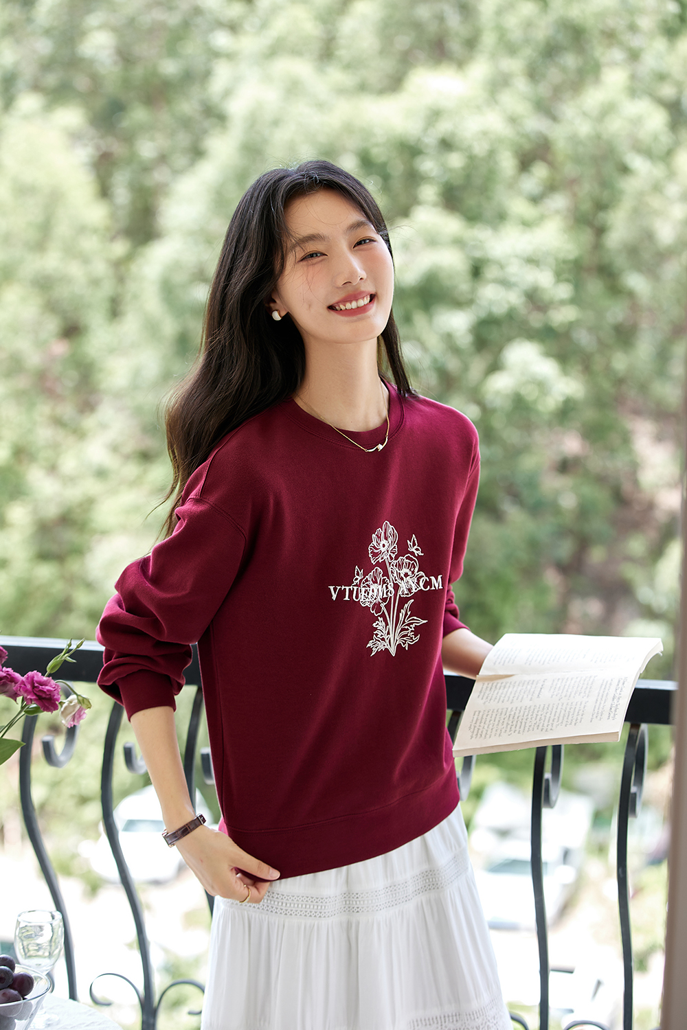 Flower print red round neck Sweatshirt-VIMLYSTORE
