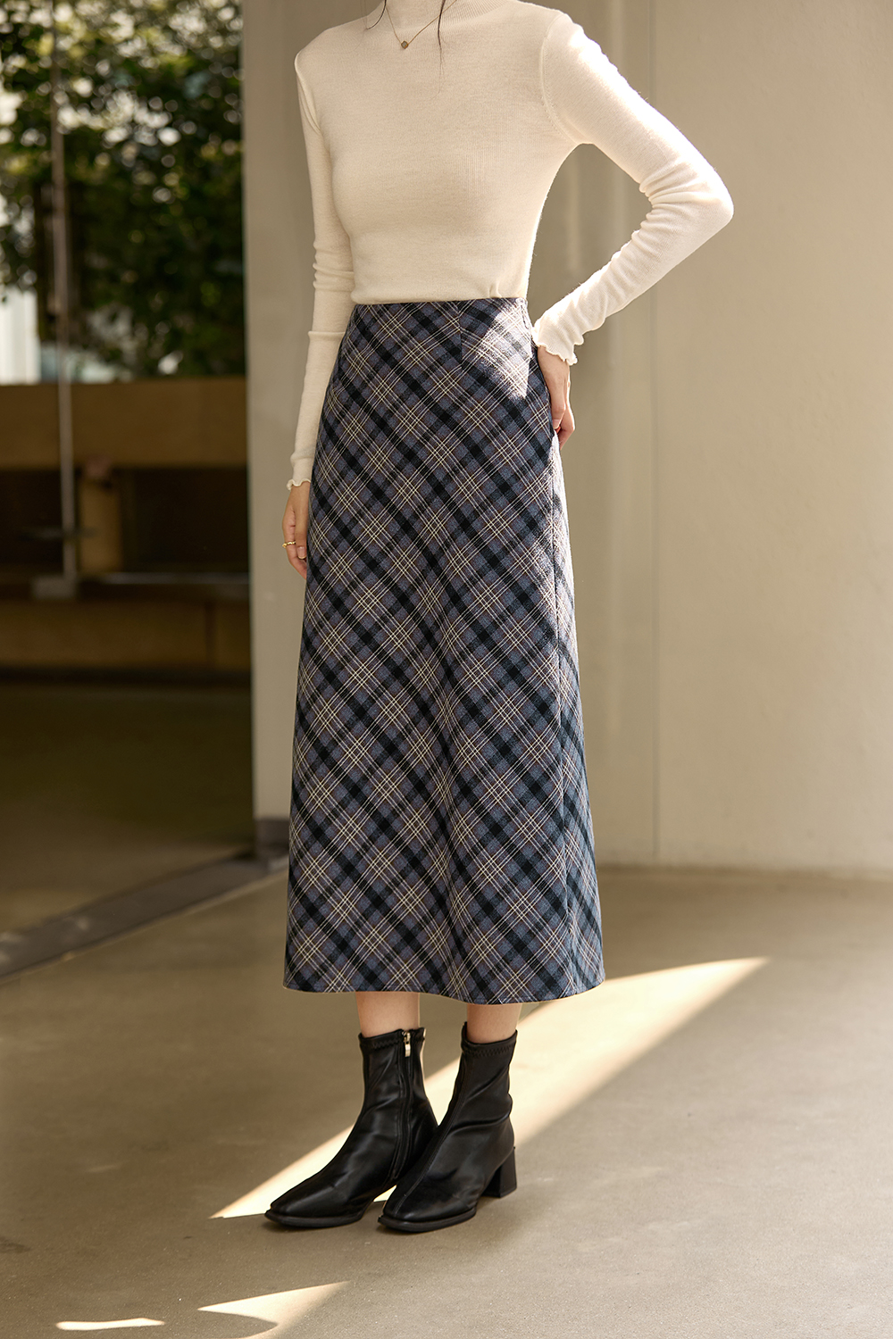 Dusty Blue Plaid Woolen Midi Skirt-VIMLYSTORE