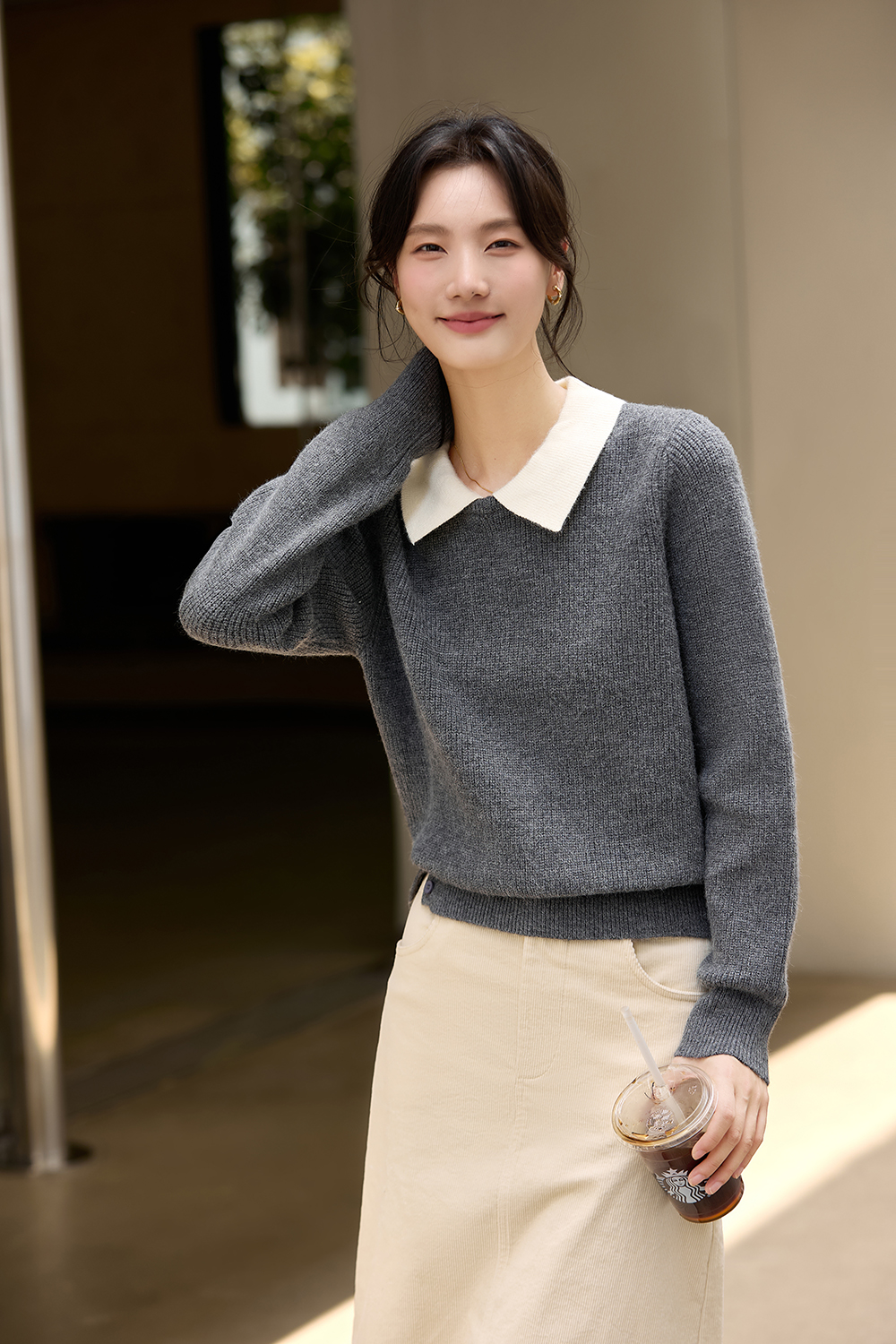 Gray Patchwork Notched Collar Knit Top-VIMLYSTORE