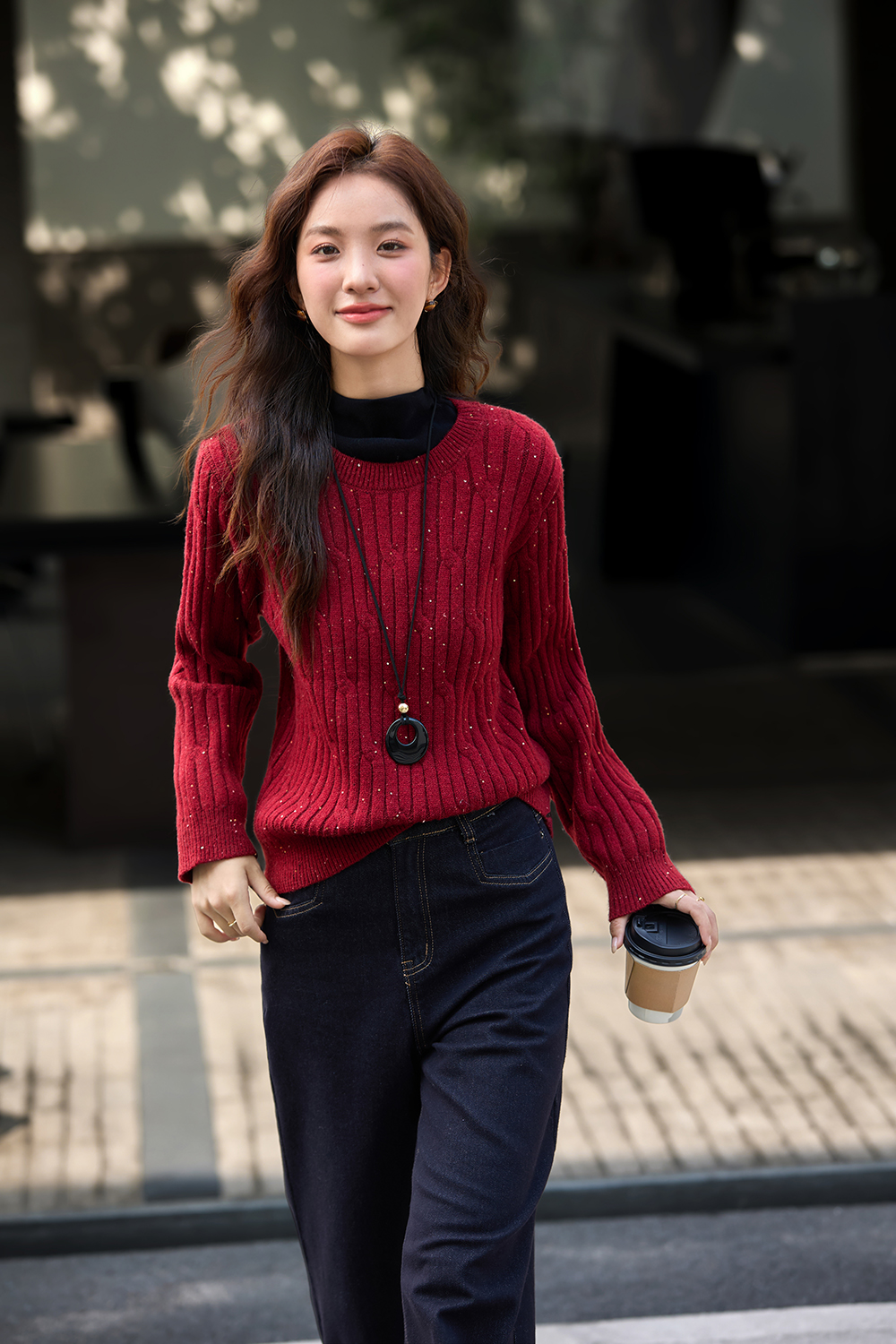 Red Cable-Knit Warm Sweater-VIMLYSTORE