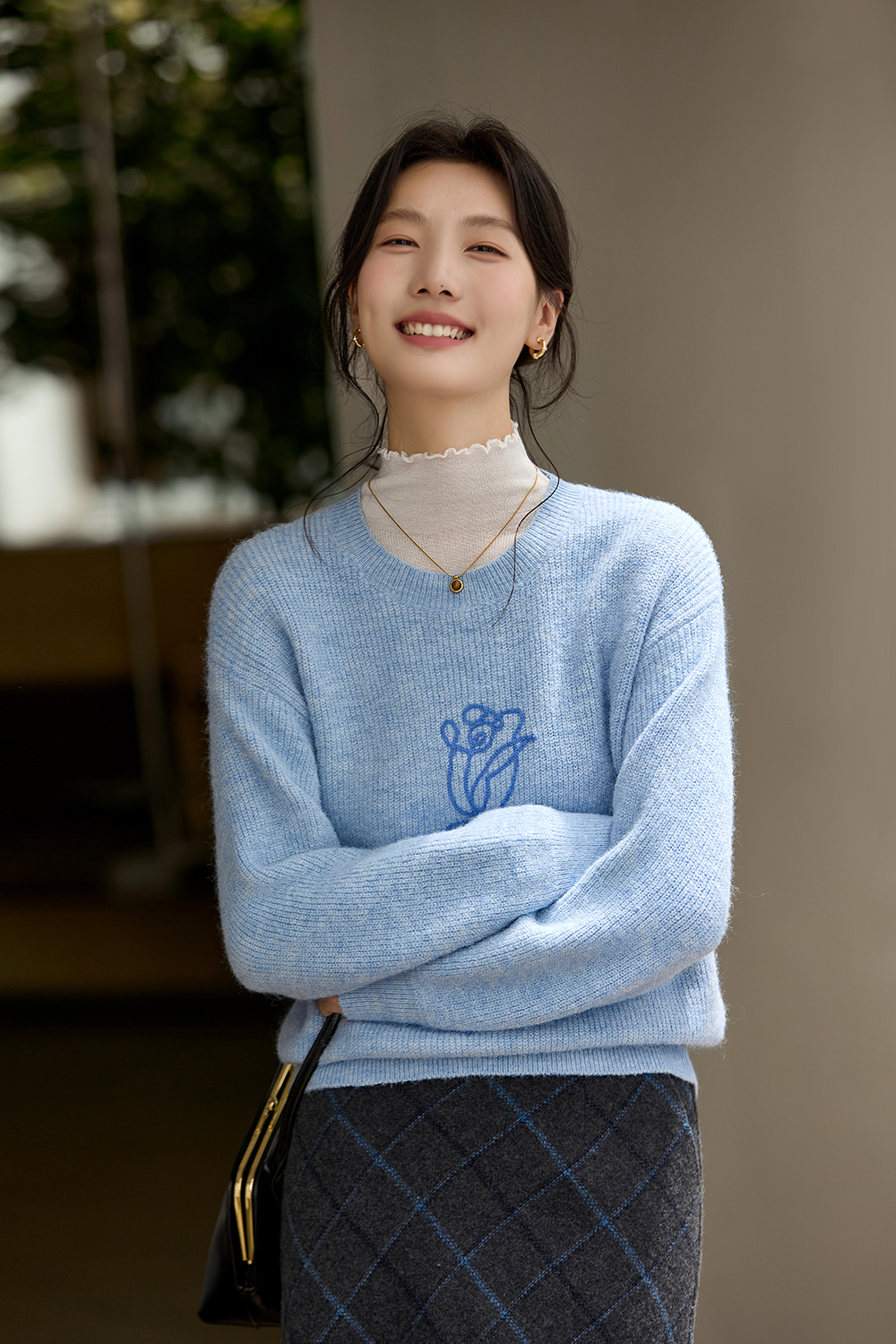 Blue Rose Embroidered Oversized Knit-VIMLYSTORE