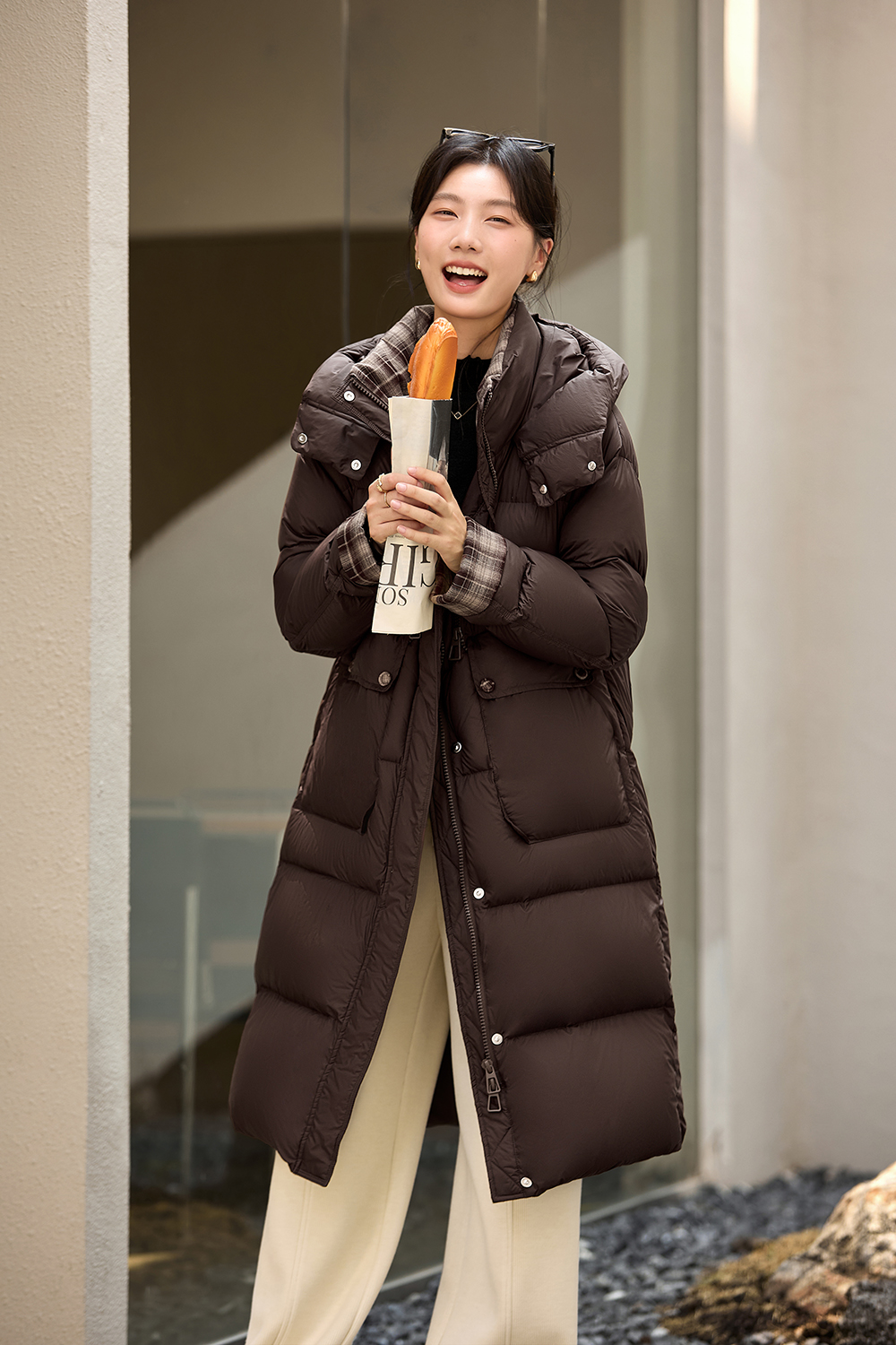 Brown Patchwork Plaid Hooded Down Jacket-VIMLYSTORE