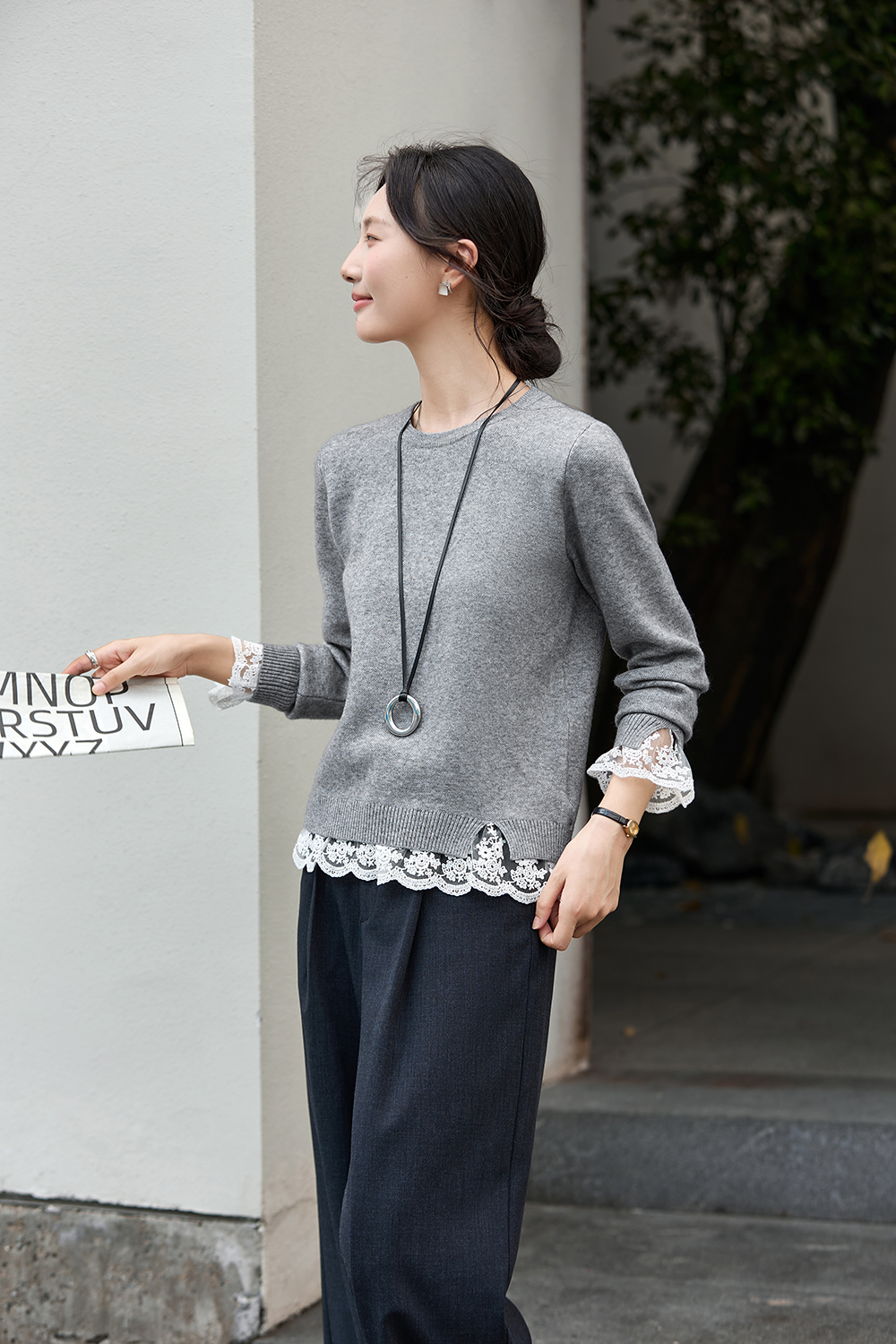 Grey Lace-Trimmed Crewneck Knit Top