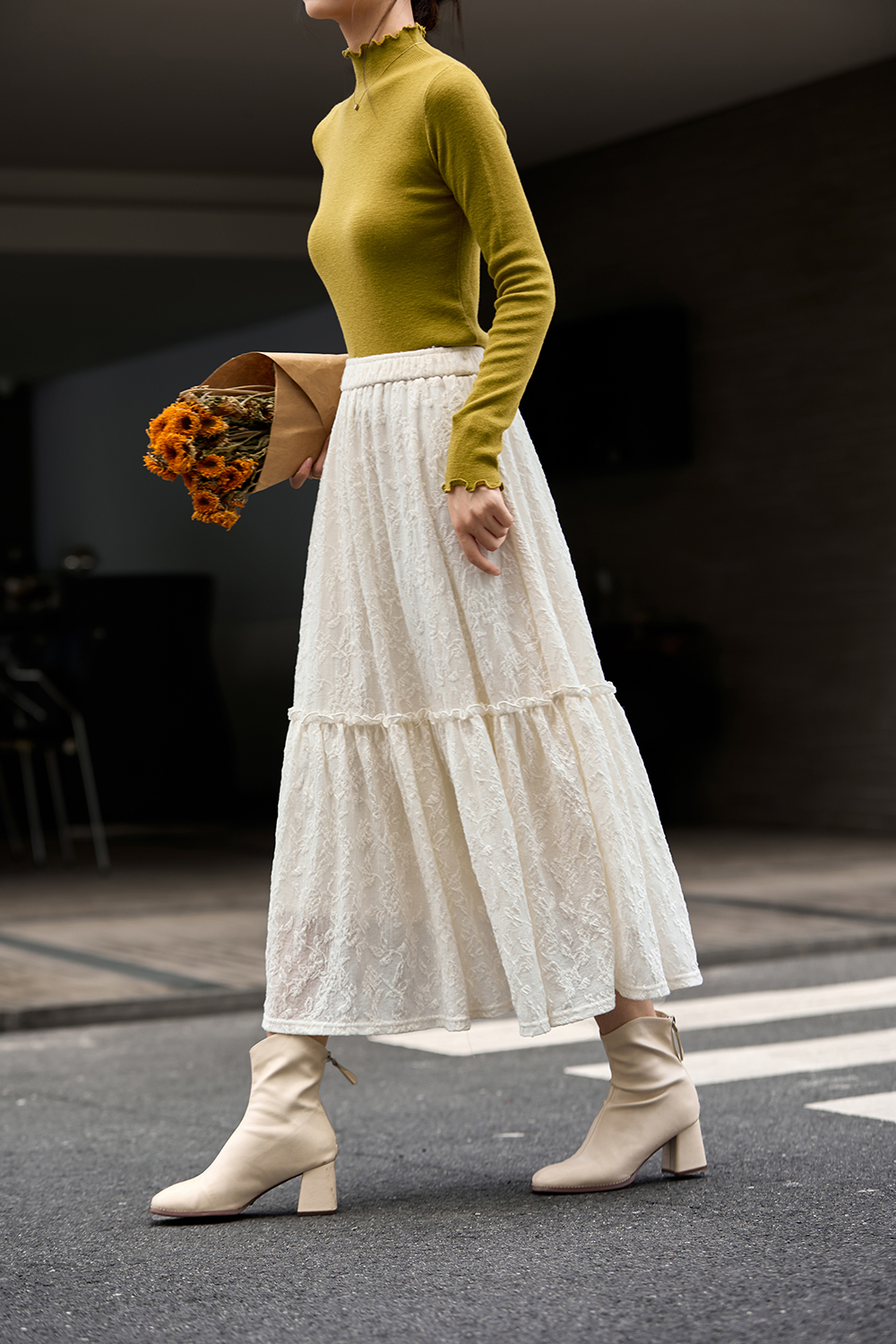 French Brushed Lace Panel Midi Skirt