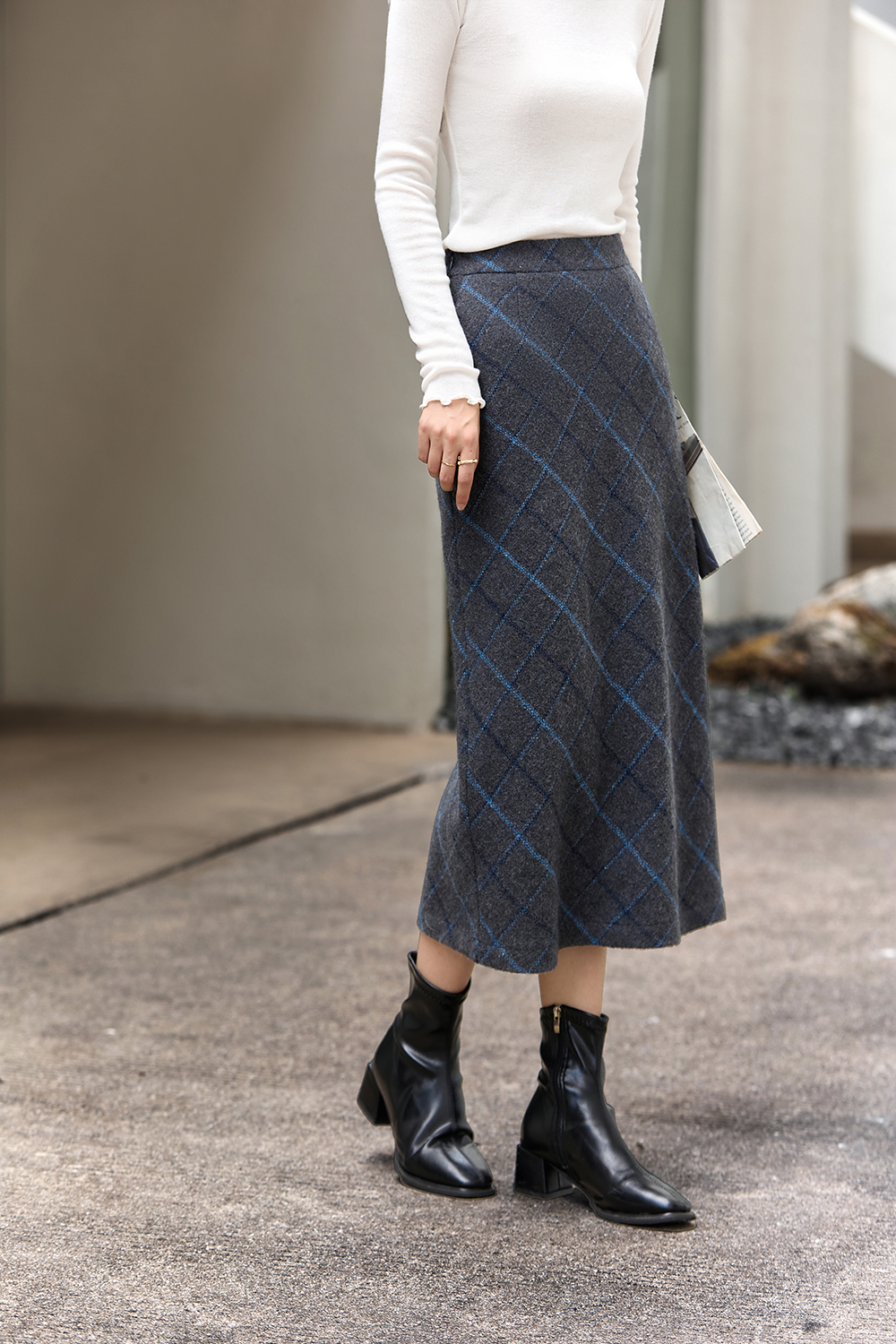 Grey-Blue Checked Wool-Blend Midi Skirt