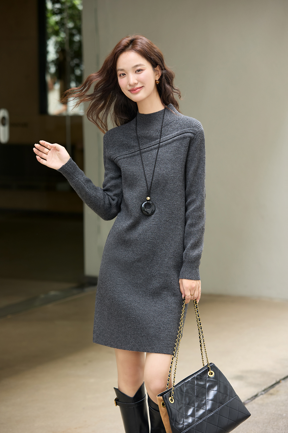 Mock-Neck Paneled Knit Dress