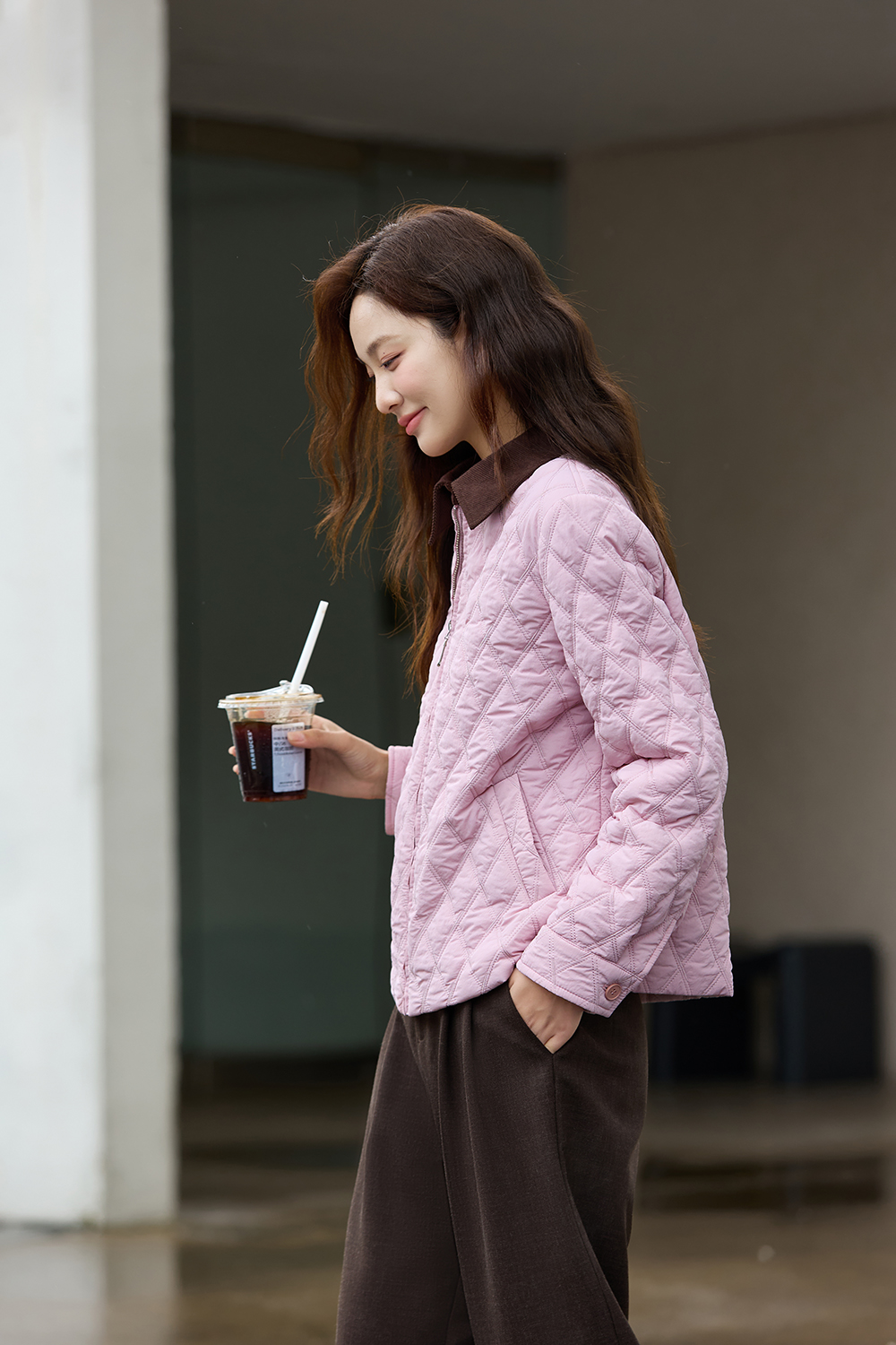 Color-Block Lapel Argyle Puffer Jacket