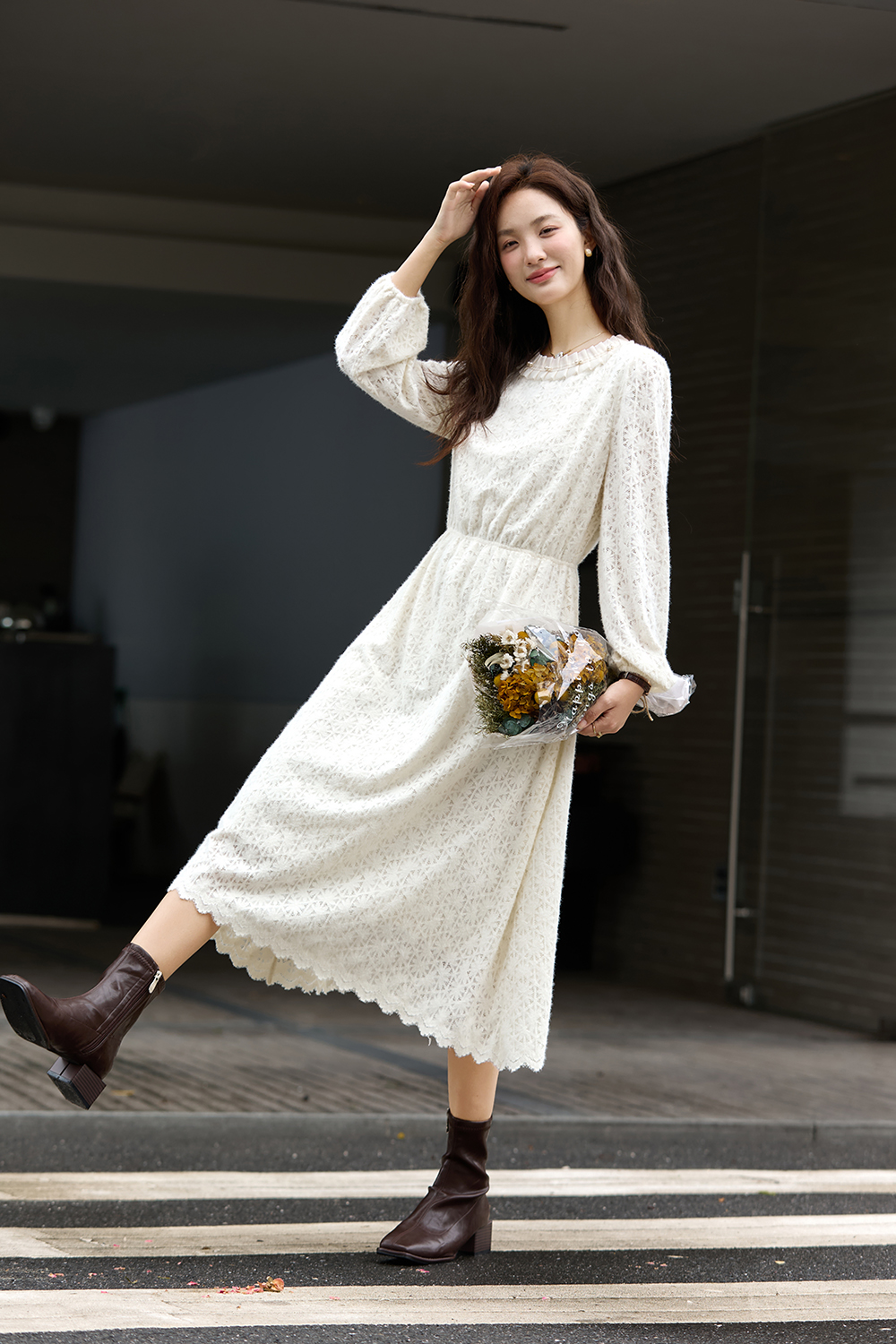 Apricot French Crewneck Lace-Trimmed Dress
