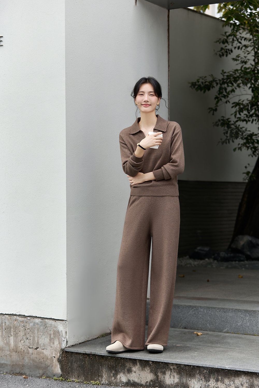 Brown Lapel Knit Set