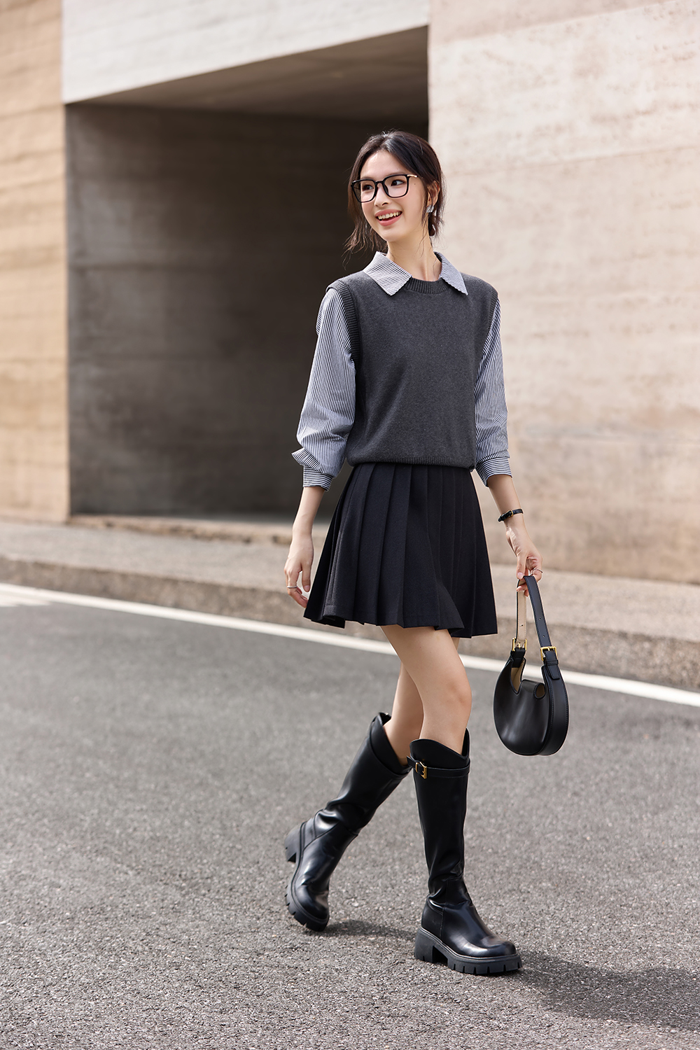 Grey Fake Two-Piece Lapel Knit Top