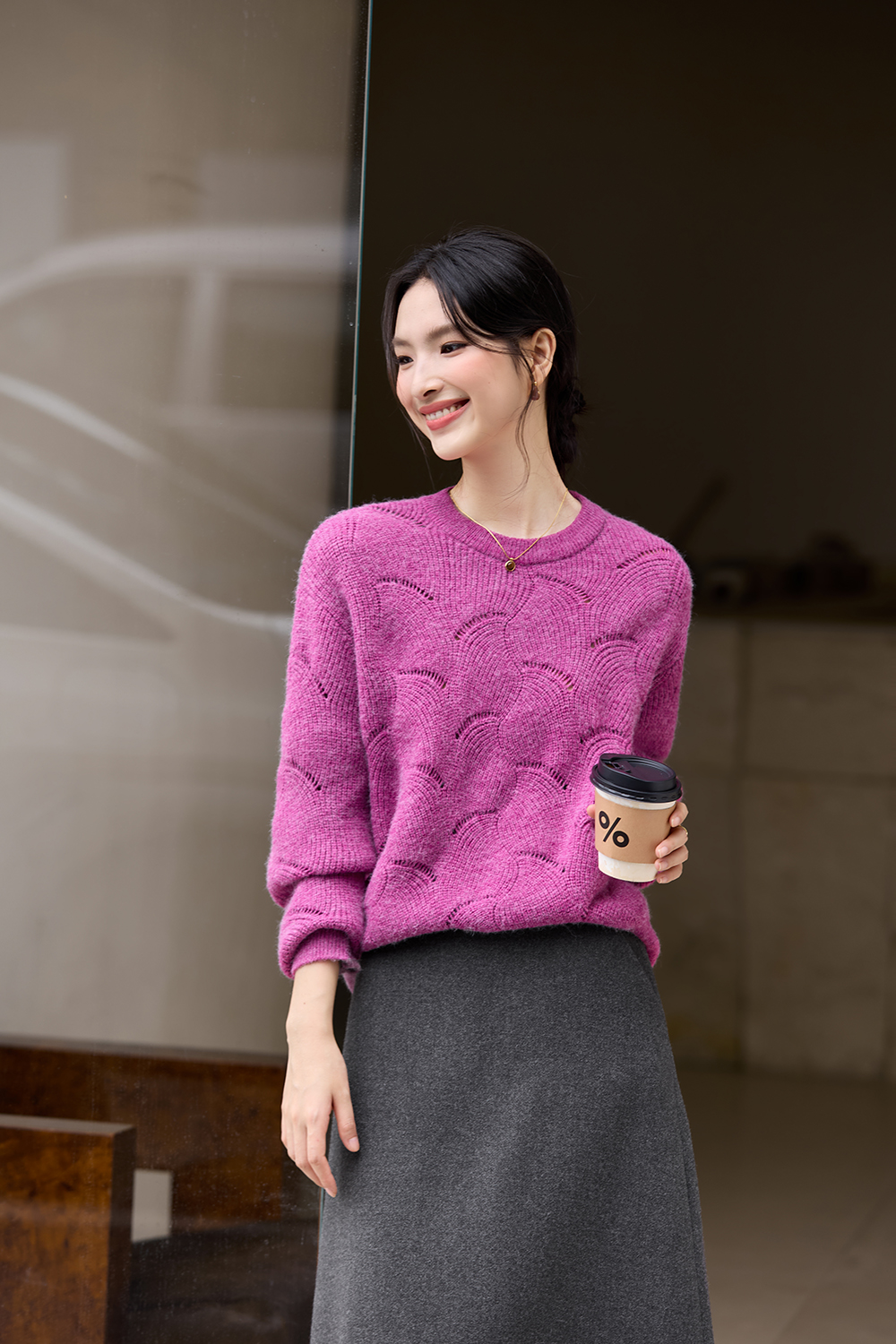Fuchsia Openwork Pattern Crewneck Sweater