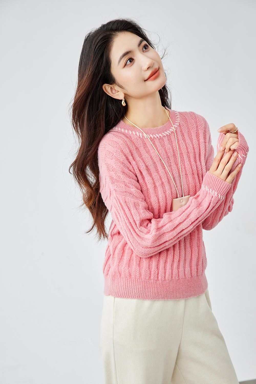 Pink Slouchy Cable-Knit Sweater