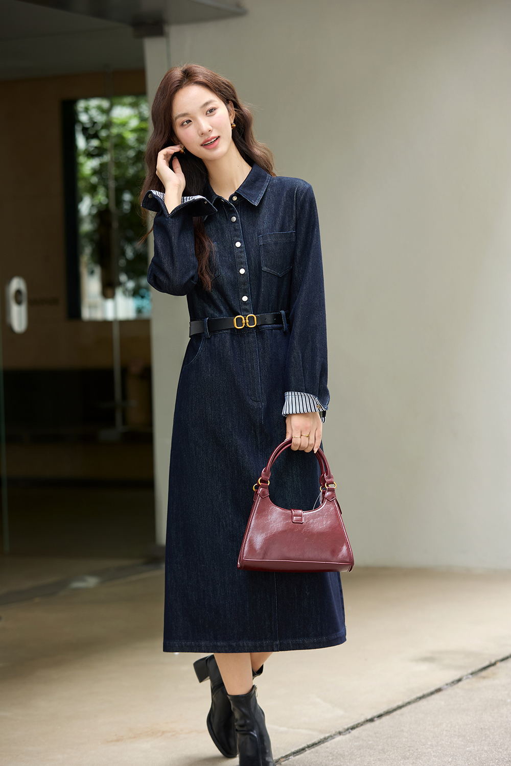 Blue Vintage Lapel Fleece-Lined Denim Dress