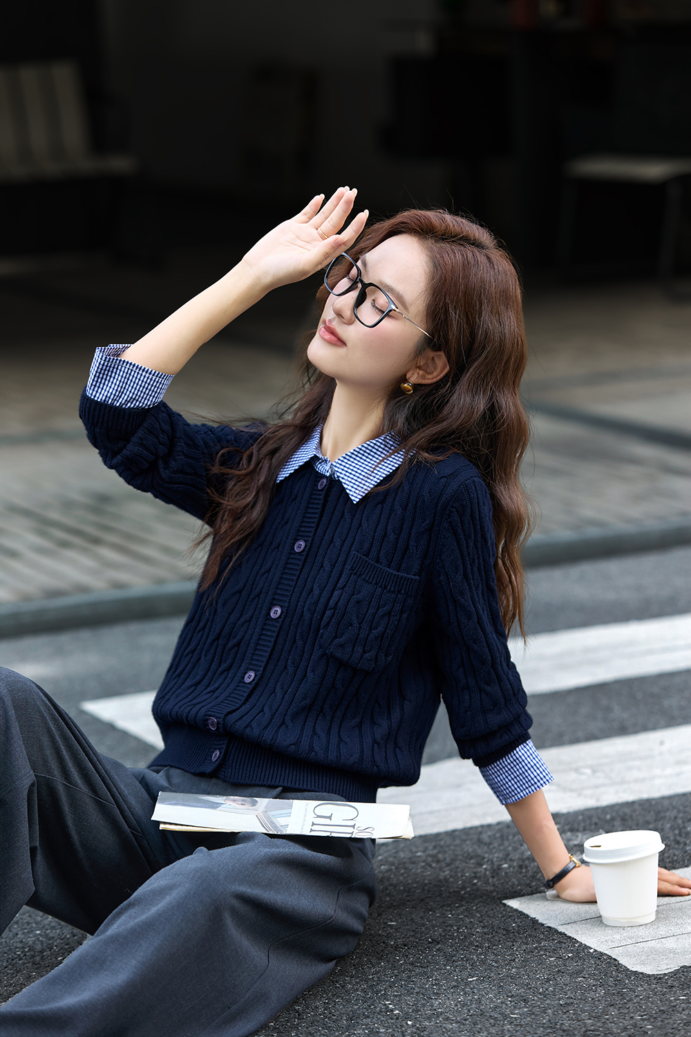 Navy Blue Fake Two-Piece Knitted Cardigan