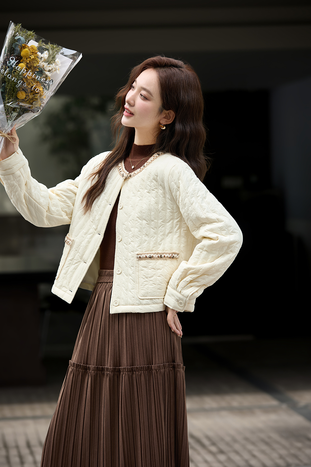 Apricot Ribbon Crew Neck Cotton Padded Jacket