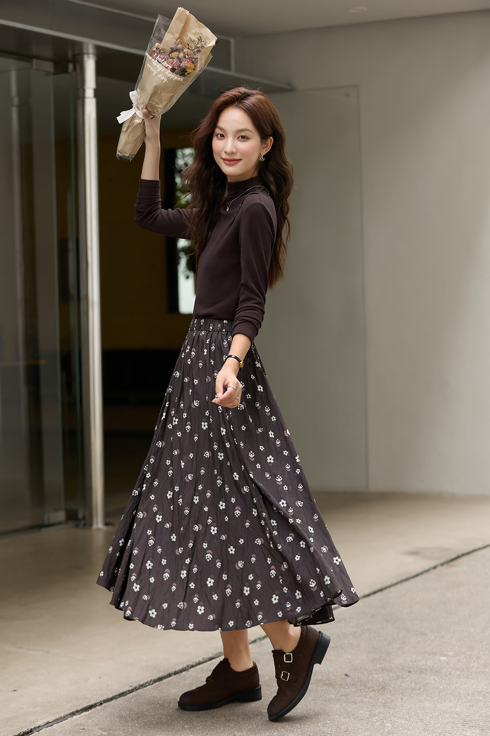 Coffee Floral Print Dress Set