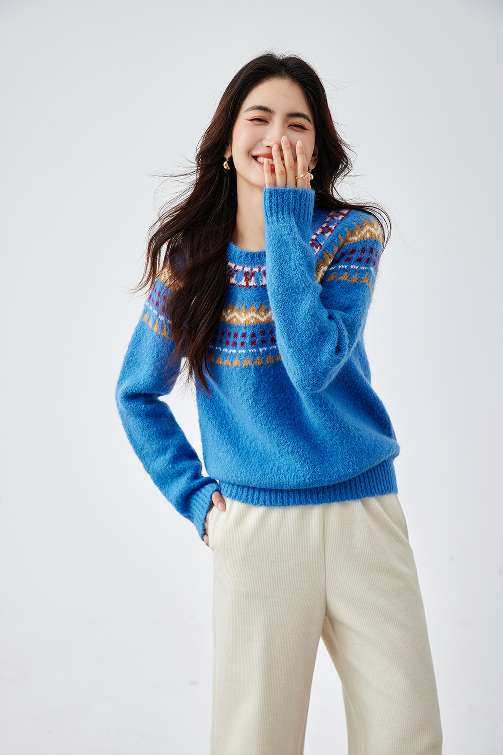 Blue Crew Neck Jacquard Sweater
