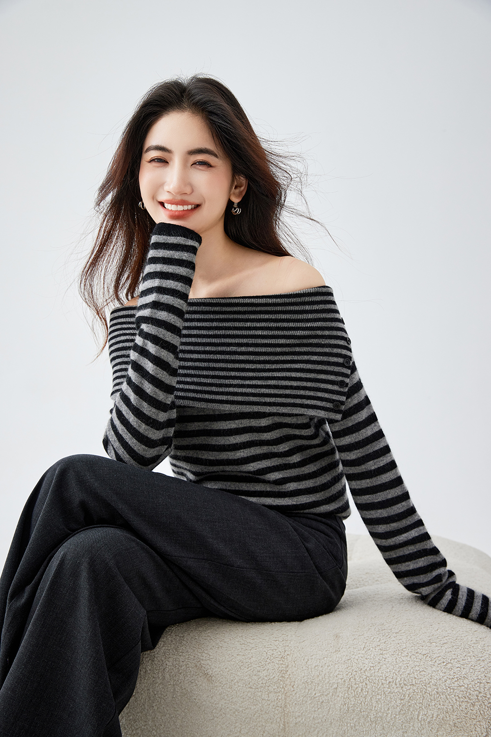 Retro Gray-White Striped Off-Shoulder Knitted Shirt