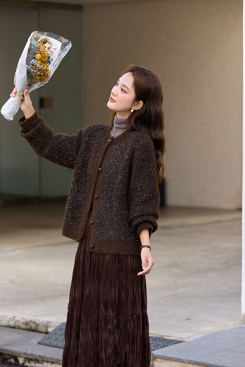 Coffee-Colored Crew Neck Sequin Sweater