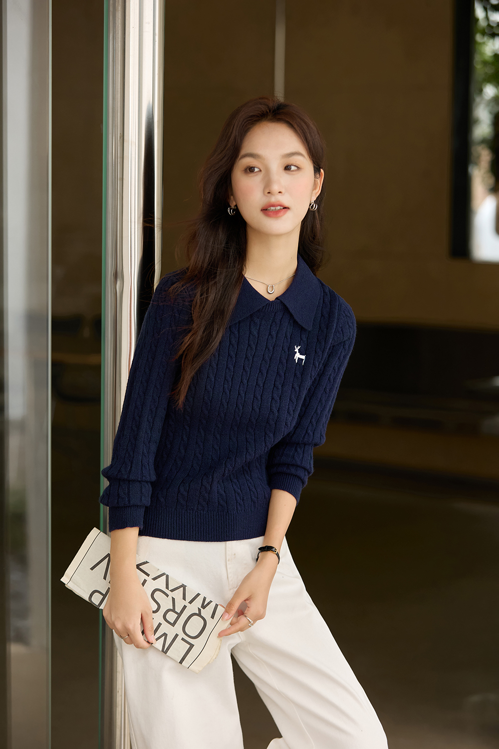 Navy Blue Deer Embroidery Lapel Sweater