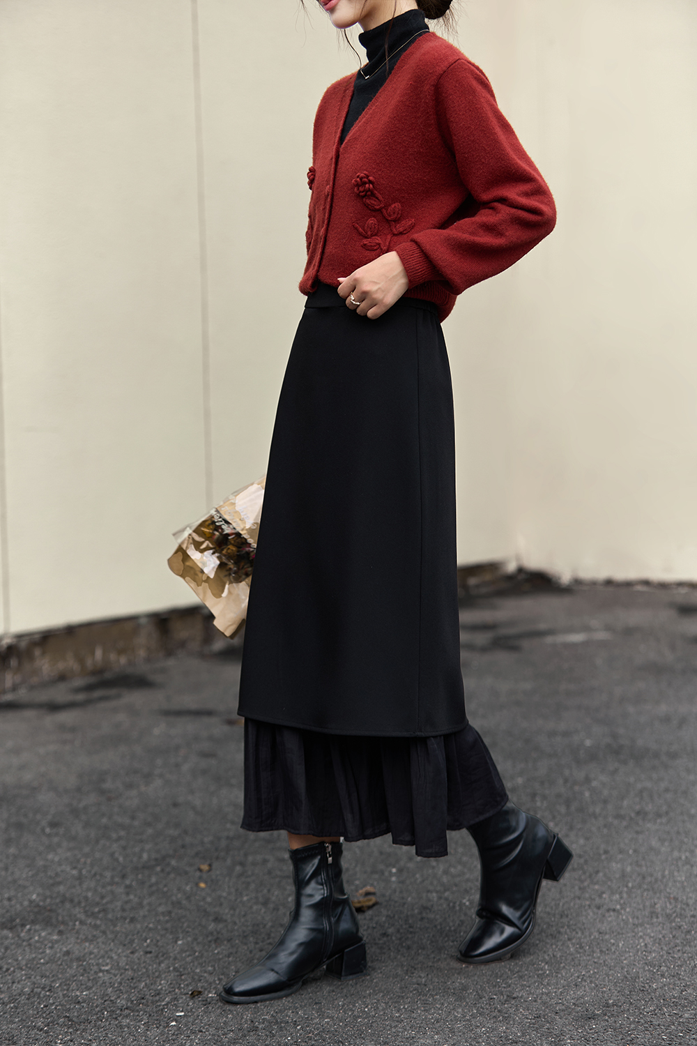 French-Style Paneled Wool Blend Midi Skirt