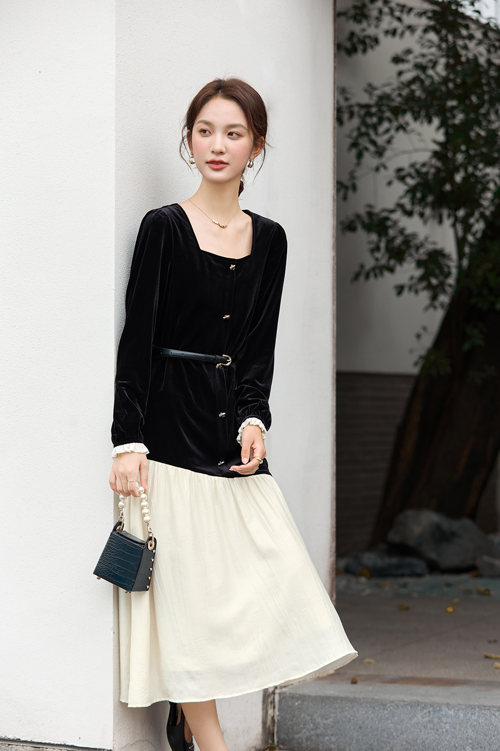 French-Style Velvet Paneled Dress