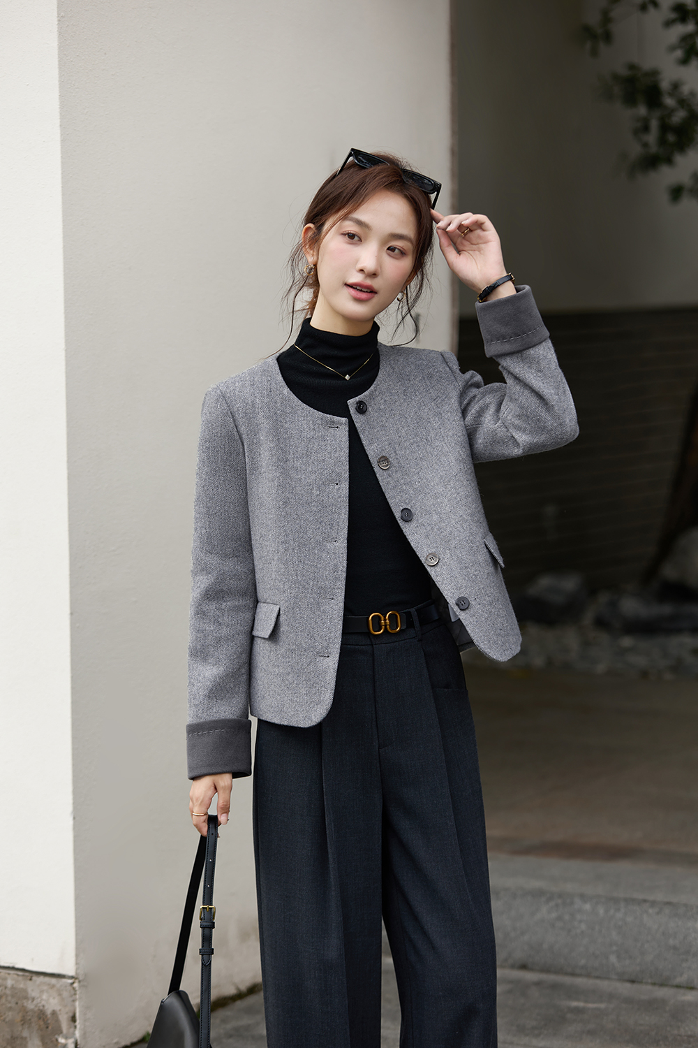 Grey Crewneck Wool Blend Coat