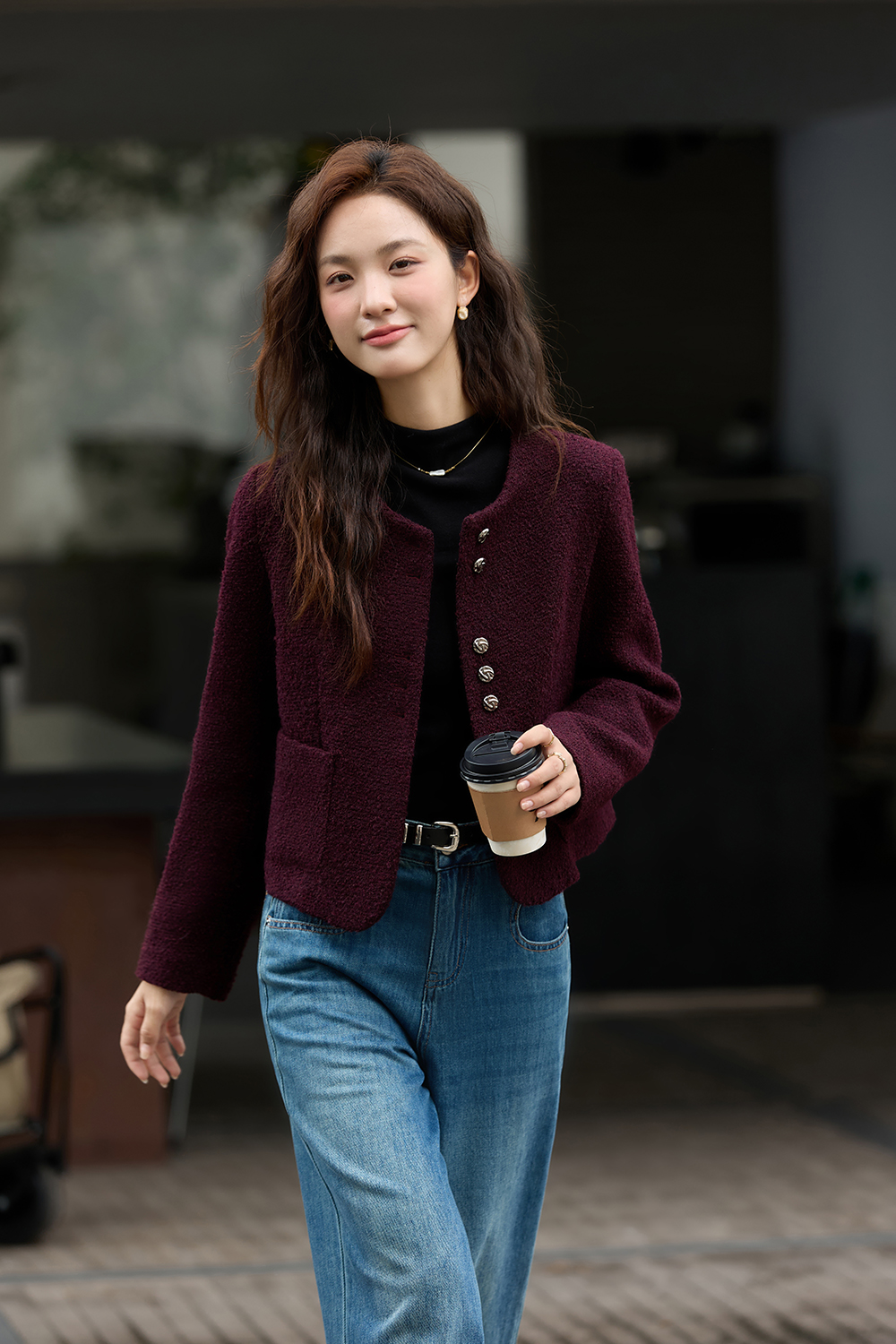 Purple Crewneck Wool Blend Coat