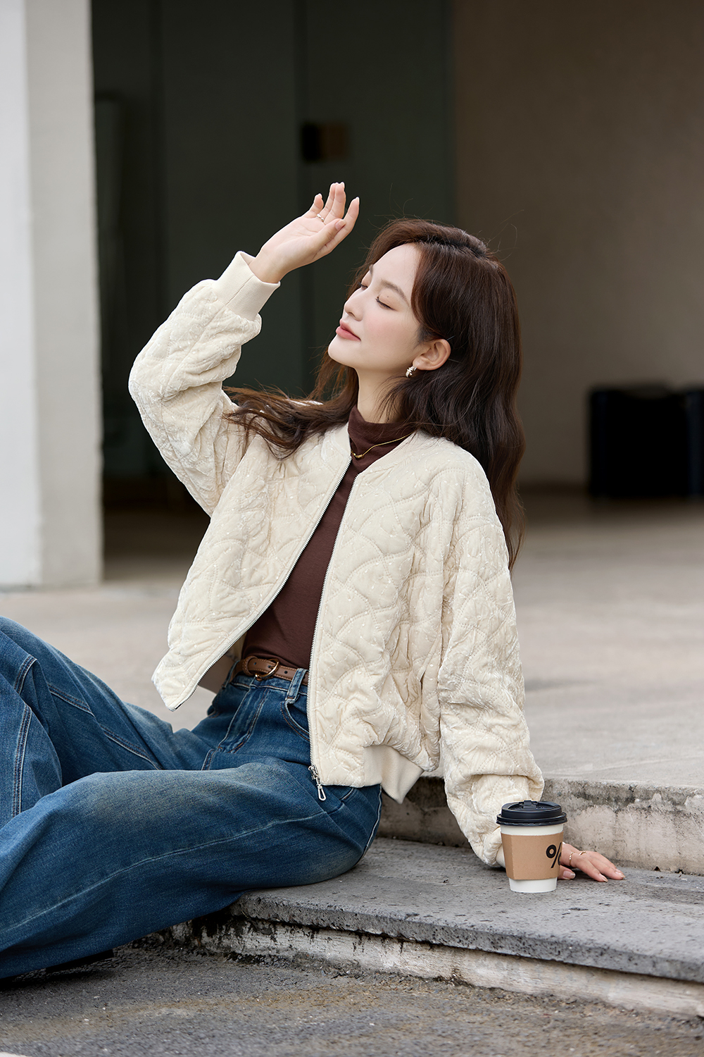 Apricot Argyle Velvet Varsity Cotton-Padded Jacket