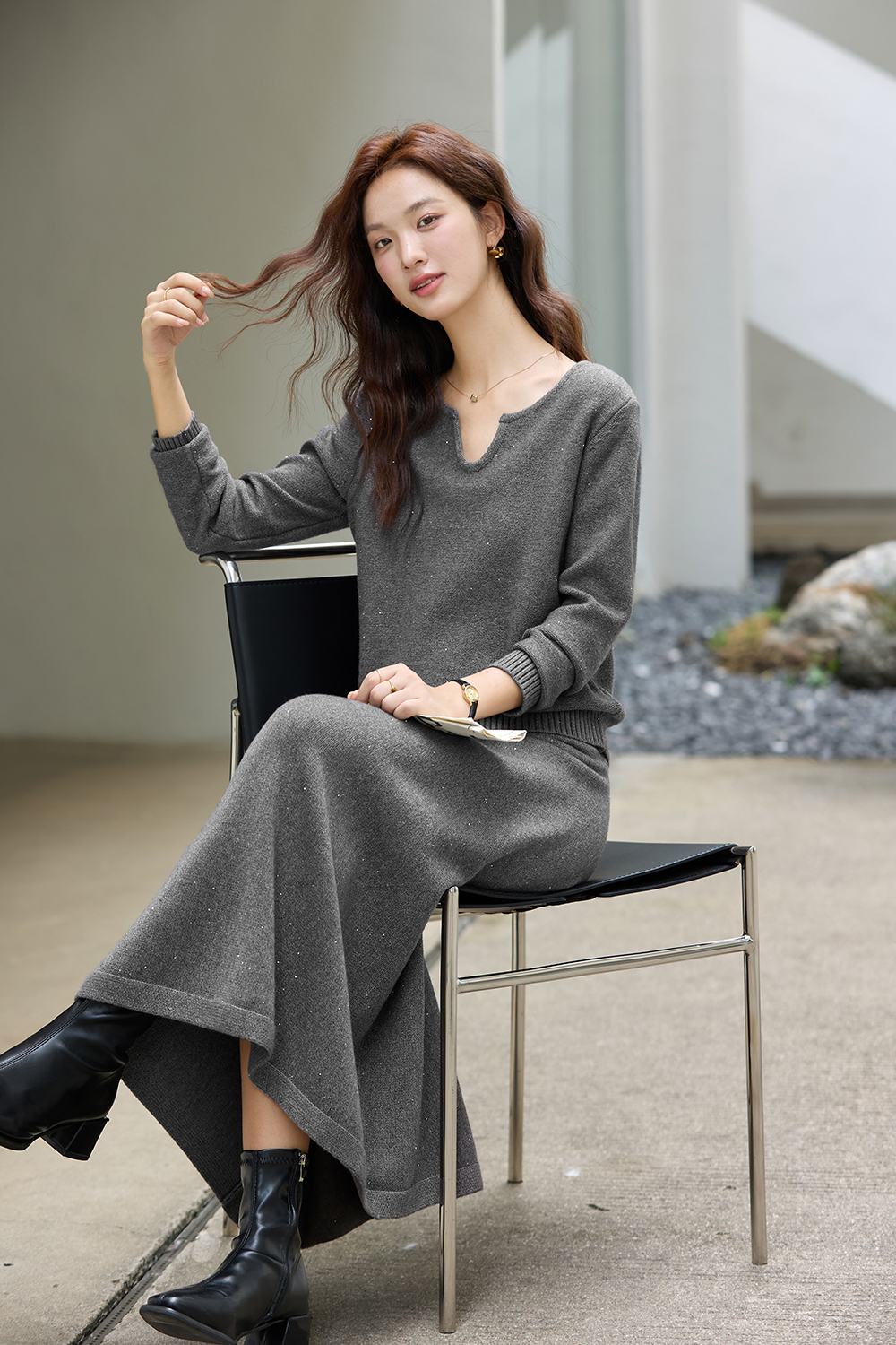 Grey Casual Knitted Suit Set