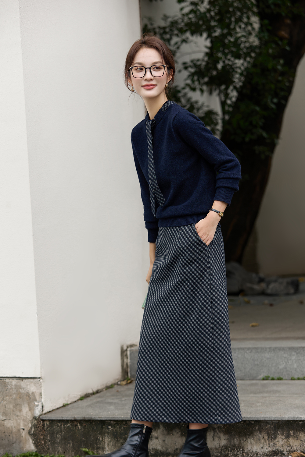 Navy Blue Plaid Office Suit Set