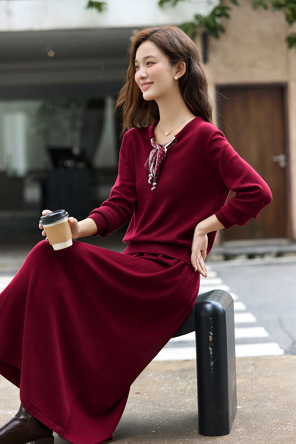 Red V-Neck Ribbon Office Suit Set