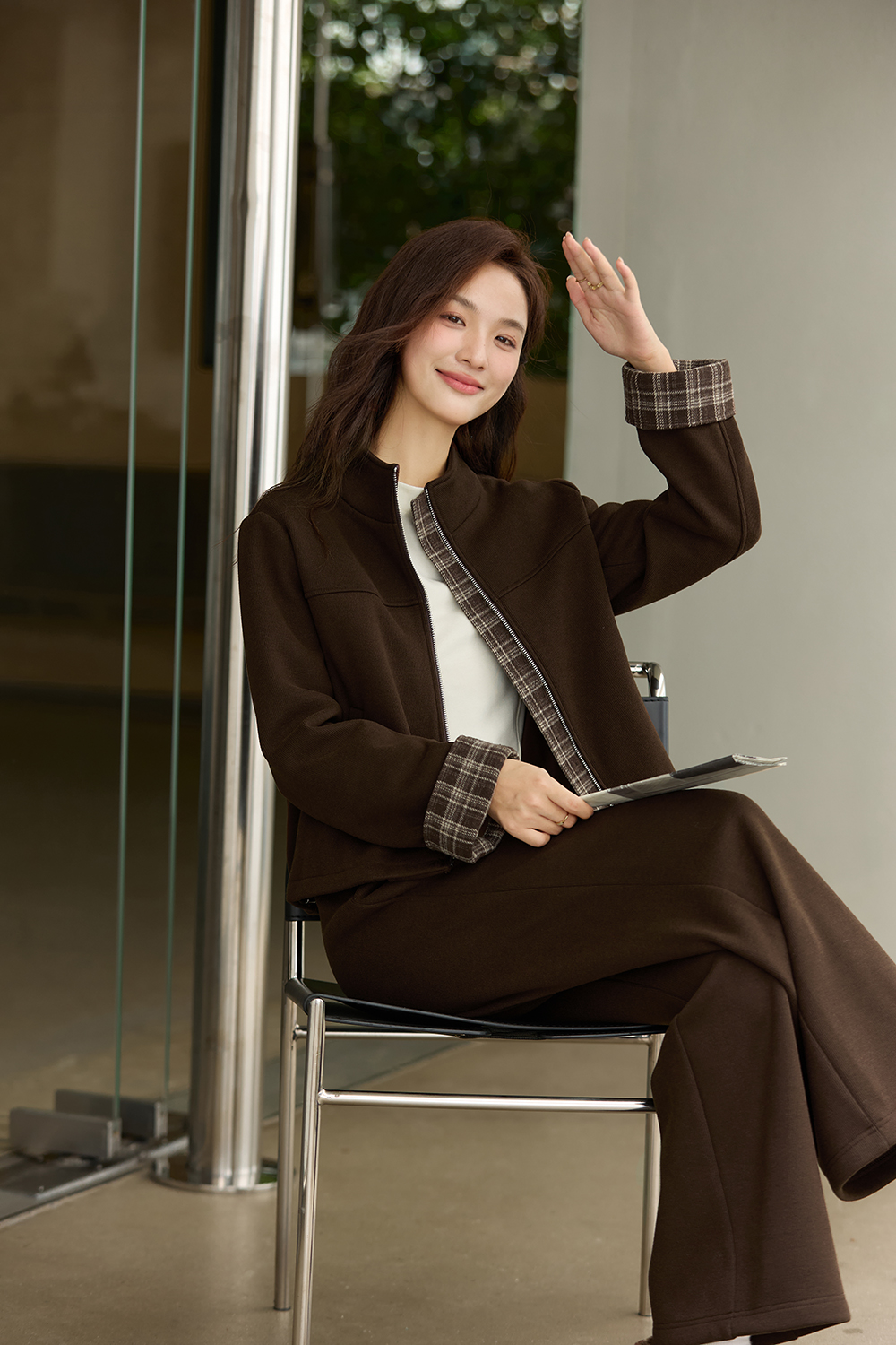 Brown Plaid Trim Suit Set